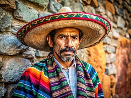 A rugged, dark-haired man with a weathered face, worn sombrero, and vibrant scarf stands proudly in front of a colorful, ancient Mexican stone wall. photo