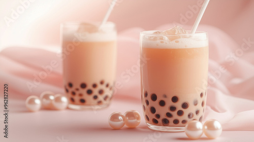 Elegant bubble tea drinks served with pearls on a soft pink background