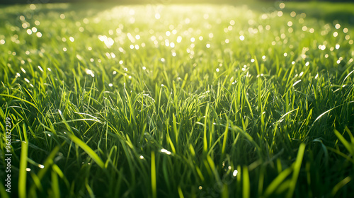 glowing green grass field under the afternoon sun, with soft light reflecting off the fresh blades photo