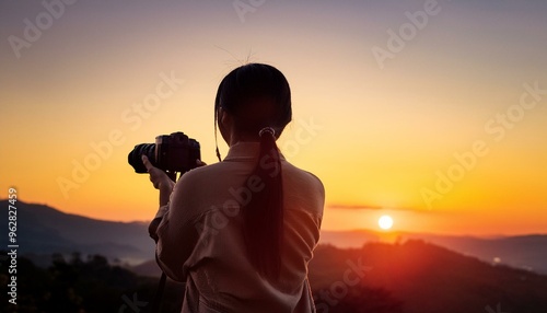 夕陽を望むカメラを持つ女性 photo