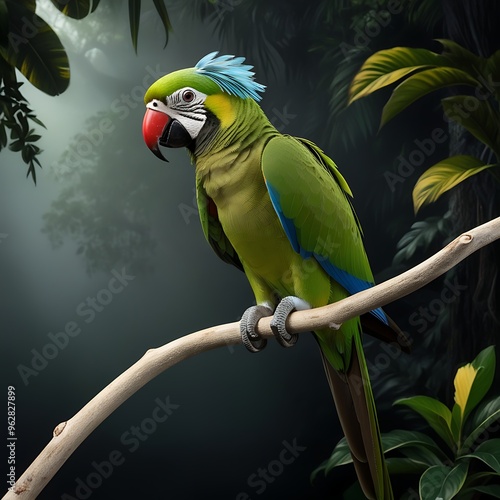 Vibrant, medium-sized, green-plumed blue-naped parrot, Tanygnathus lucionensis, native to the Philippines, perched on a slender, curved twig, isolated against a dense, dark green jungle backdrop. photo