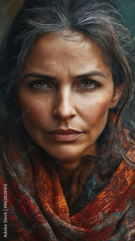 A woman with grey hair wearing a scarf A woman with grey hair wearing a scarf