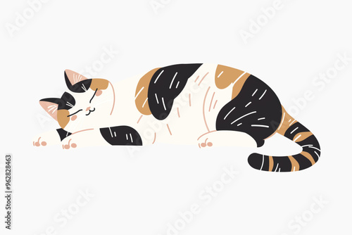Cute sleeping calico cat illustration