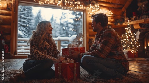 Friends reunited after years, exchanging heartfelt Christmas gifts in a rustic cabin, Christmas reunion, holiday gifts and memories photo