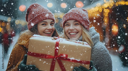 Friends surprising each other with Christmas gifts at a snowy outdoor reunion, festive atmosphere and joy, Christmas magic, holiday gifts