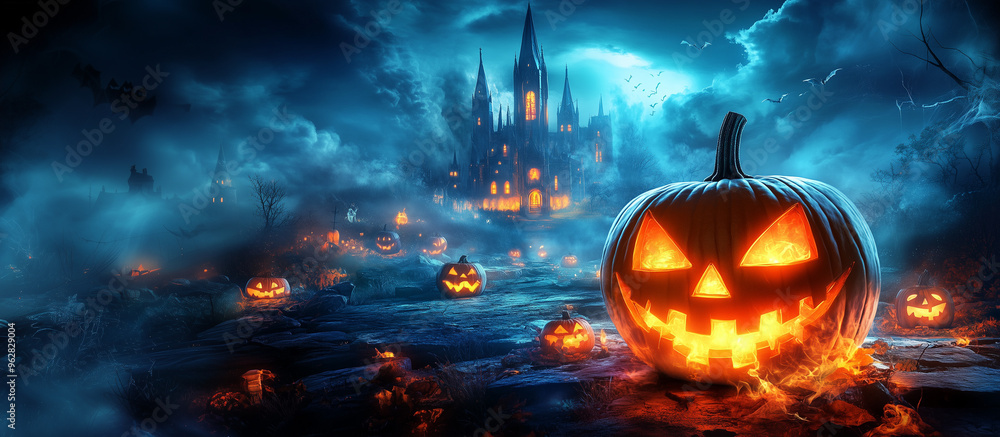 Fototapeta premium Happy Halloween banner or party invitation background with clouds, bats and pumpkins in paper cut style. Vector illustration. Full moon in orange sky, spiders web and witch cauldron. Place for text