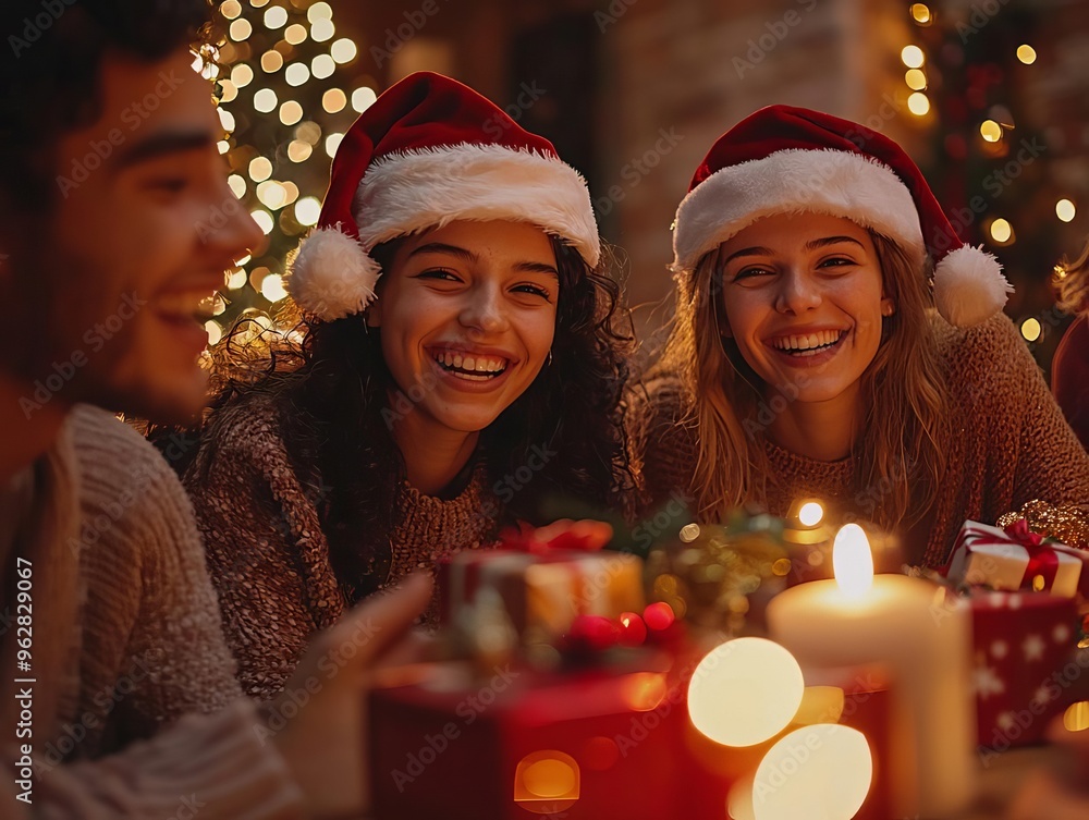 Group of friends wearing Santa hats, exchanging gifts at a Christmas reunion party, festive decorations, holiday celebration, Christmas gifts Group of friends wearing Santa hats, exchanging gifts at a Christmas reunion party, festive decorations, holiday celebration, Christmas gifts