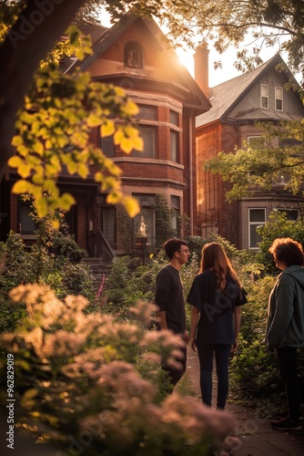 Suburban neighborhood scene at sunset with brick houses, green trees, sidewalk. Real estate lifestyle photography. Warm glow of setting sun on houses, trees. In advertising, marketing content.