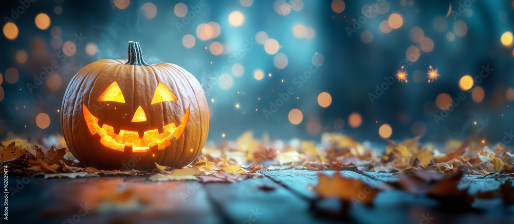 Happy Halloween banner or party invitation background with clouds, bats and pumpkins in paper cut style. Vector illustration. Full moon in orange sky, spiders web and witch cauldron. Place for text