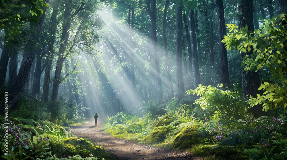 Obraz premium morning in the forest, Hiking in the beautiful natural forest