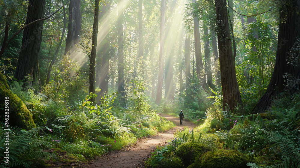 Obraz premium morning in the forest, Hiking in the beautiful natural forest