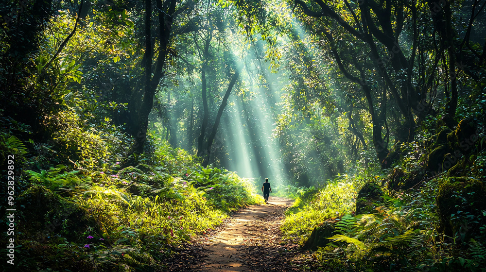 Obraz premium morning in the forest, Hiking in the beautiful natural forest