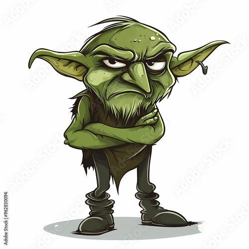 A green goblin with large ears, a scraggly beard, and a grumpy expression stands with his arms crossed, looking annoyed. photo