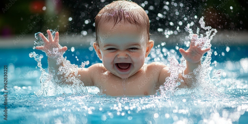 Smiling baby splashing in swimming pool. Smiling baby splashing in swimming pool.