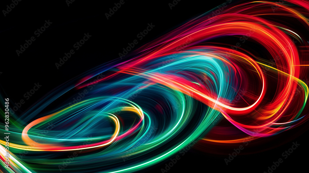 Vivid neon light trails swirling in dynamic motion against a dark background, creating a mesmerizing abstract pattern of vibrant colors Vivid neon light trails swirling in dynamic motion against a dark background, creating a mesmerizing abstract pattern of vibrant colors