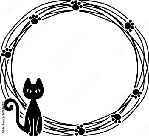 手描きの黒猫の丸フレーム