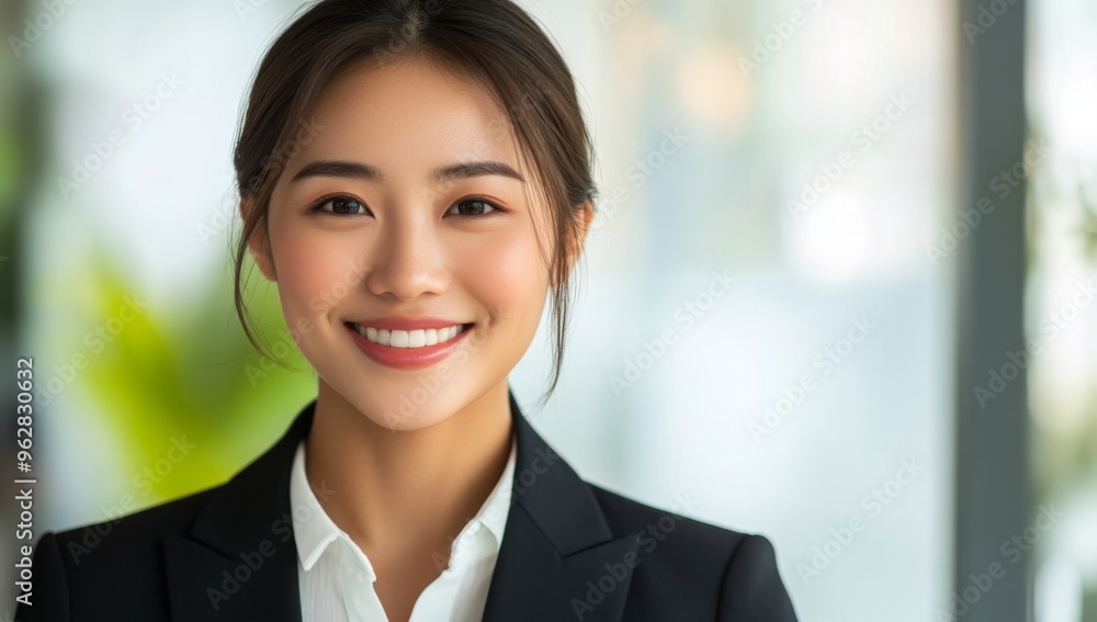 Close-up portrait of smiling asian business woman in black suit against office background Close-up portrait of smiling asian business woman in black suit against office background