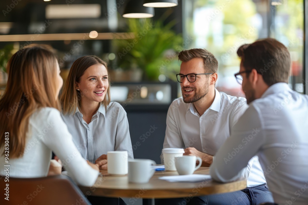 Business partners sitting at a cafe table, engaged in a lively conversation with coffee cups nearby, networking event, business strategy discussion Business partners sitting at a cafe table, engaged in a lively conversation with coffee cups nearby, networking event, business strategy discussion