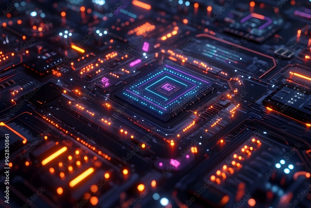 Futuristic Illuminated Electronic Circuit Board with Intricate Microprocessor Architecture and Futuristic Illuminated Electronic Circuit Board with Intricate Microprocessor Architecture and