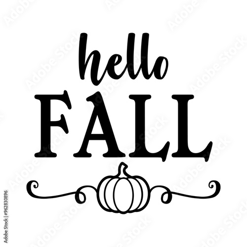 Logo con texto manuscrito hello fall con silueta de calabaza con florituras para su uso en felicitaciones y tarjetas