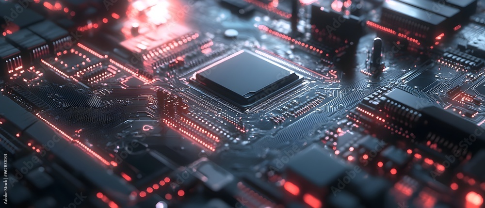 Fototapeta premium Cutting Edge Cyberpunk Inspired Processor Unit with Complex Circuit Board Topography