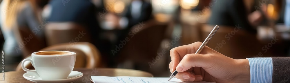 Close-up of hands writing notes, coffee cup on the side, indoor cafe with business professionals talking in the background, meeting discussion, networking event Close-up of hands writing notes, coffee cup on the side, indoor cafe with business professionals talking in the background, meeting discussion, networking event