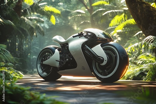 Hybrid Electric Motorcycle Gliding Through Verdant Futuristic Landscape photo