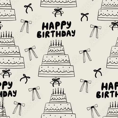 Seamless Happy Birthday Pattern with Cakes and Bows