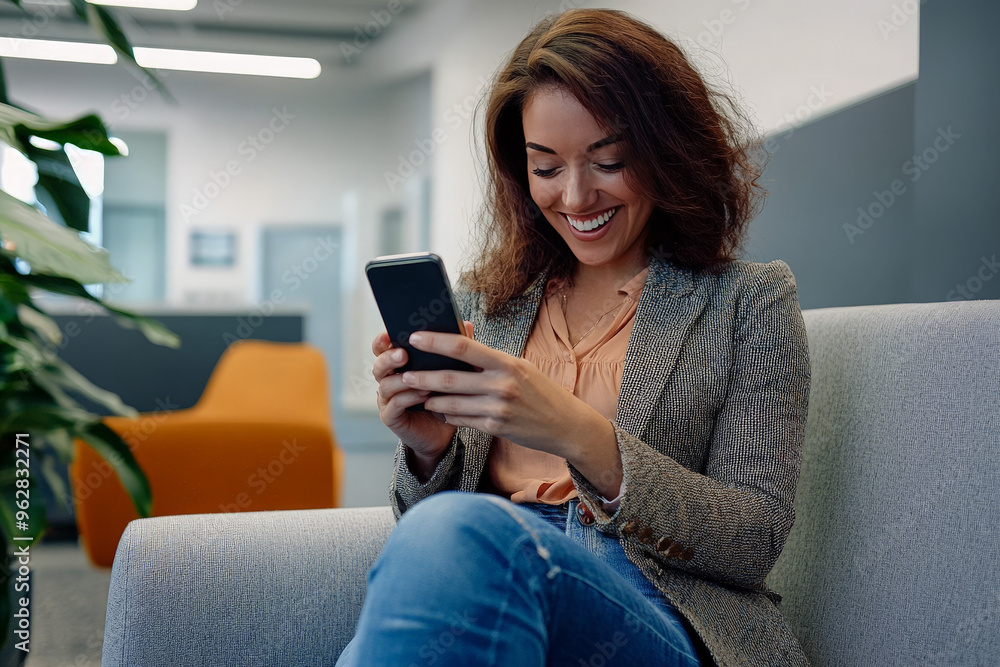 A smiling businesswoman in a modern office setting, sitting in a comfortable chair and checking her phone. A smiling businesswoman in a modern office setting, sitting in a comfortable chair and checking her phone.
