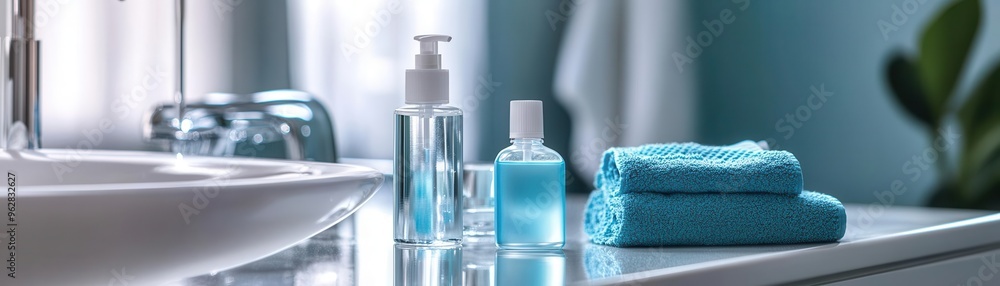 Hand sanitizer and disinfectant bottles on a clean bathroom sink, germ prevention, bathroom hygiene routine Hand sanitizer and disinfectant bottles on a clean bathroom sink, germ prevention, bathroom hygiene routine