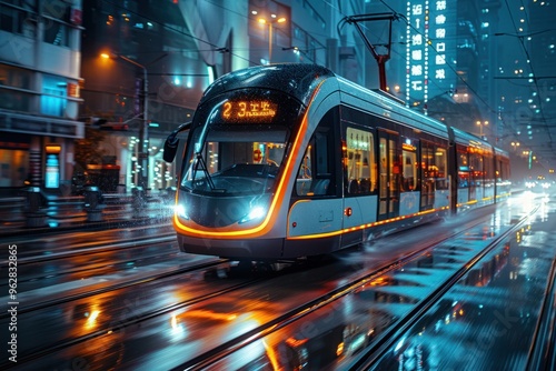 Nighttime urban tram gliding through a rainy city street illuminated by neon lights in a bustling metropolis