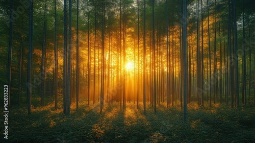 Serene forest at sunset, showcasing light through tall trees.