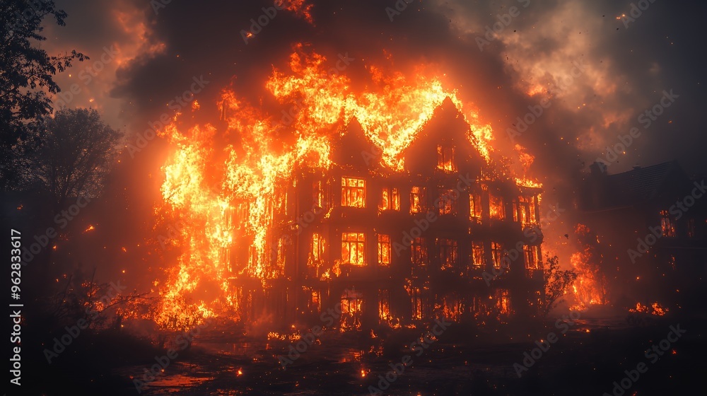 A large, old house burns in an inferno, engulfed in flames and thick smoke, with trees and embers in the foreground. A large, old house burns in an inferno, engulfed in flames and thick smoke, with trees and embers in the foreground.