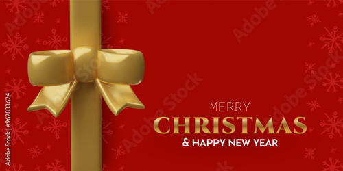 Christmas card design with 3d golden gift bow on red background with snowflakes. Minimal holiday banner three dimensional realistic vector illustration. 