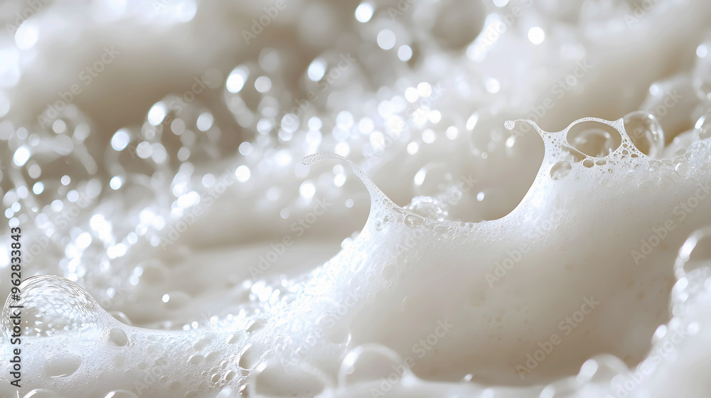 Light and airy white body wash foam with water beads in the background, symbolizing the refreshing and rejuvenating qualities of the product Light and airy white body wash foam with water beads in the background, symbolizing the refreshing and rejuvenating qualities of the product