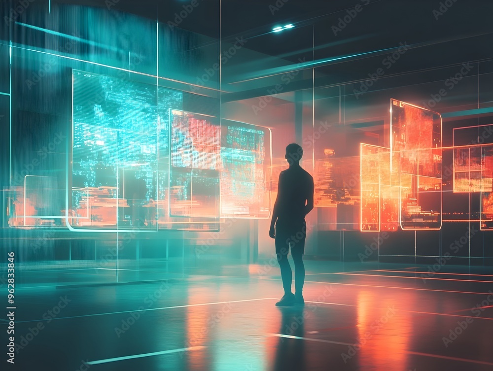 Data Analyst Immersed in Holographic Displays Amid Badminton Courts Data Analyst Immersed in Holographic Displays Amid Badminton Courts
