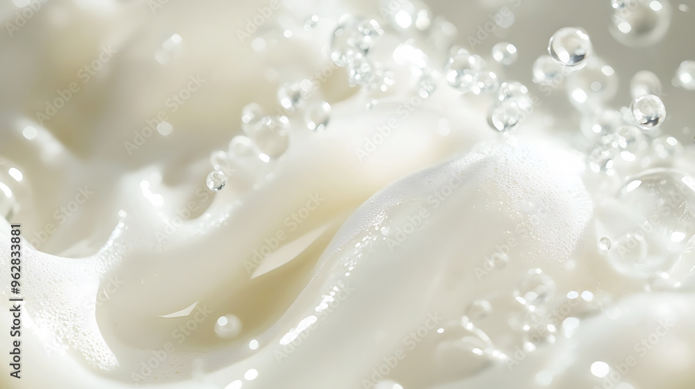 Light and airy white body wash foam with water beads in the background, symbolizing the refreshing and rejuvenating qualities of the product Light and airy white body wash foam with water beads in the background, symbolizing the refreshing and rejuvenating qualities of the product