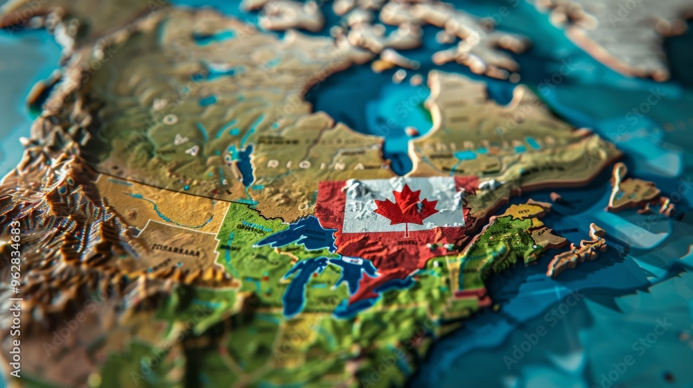 Fototapeta premium Detailed photo of Canada map with painted flags.