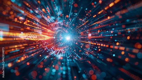 Photo of digital particle explosion on abstract technology background. Quantum core, computer network, artificial intelligence and global data connectivity.