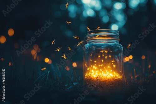 fireflies escaping from a glass jar into the night