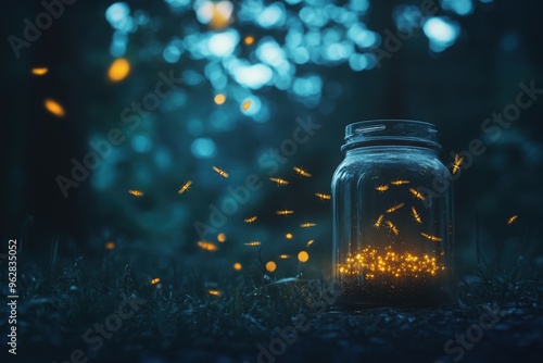 fireflies escaping from a glass jar into the night photo