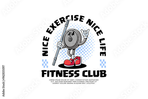 power bar fitness gym retro cartoon character mascot illustration with standing pose, holding pole and showing peace hand for  fitness gym bodybuilding weightlifting sport club mascots and merchandise
