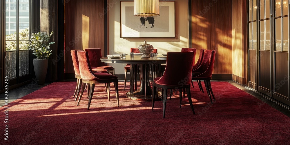 Red carpet, wooden table and chairs in a dining room. Red carpet, wooden table and chairs in a dining room.