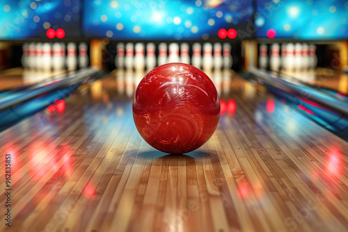 Bowling gym, ball rolling along the lane, background blurred pins.