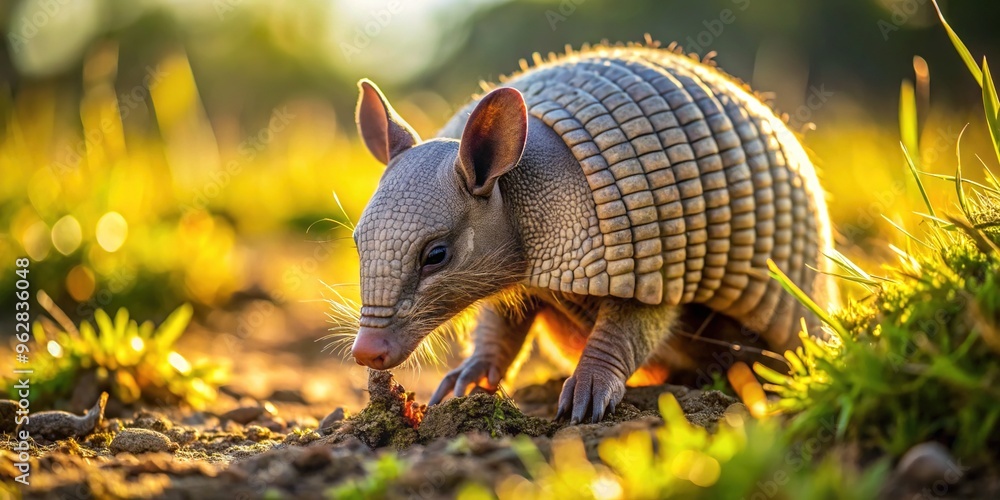 A small armadillo with a protective shell and long snout digs into the earth with its sharp claws in a sun-drenched grassy meadow. A small armadillo with a protective shell and long snout digs into the earth with its sharp claws in a sun-drenched grassy meadow.