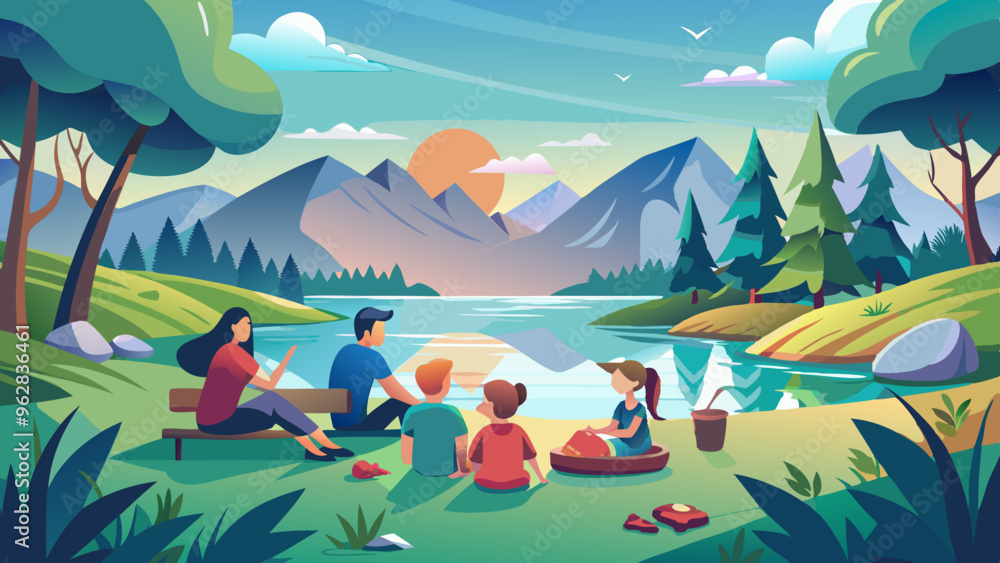 Obraz premium Family Enjoying Sunset by Mountain Lake - Idyllic Nature Scene