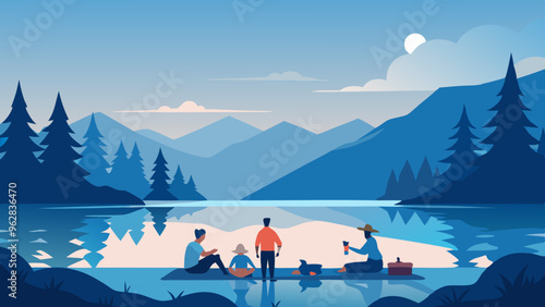 Serene Lakeside Camping Scene with Friends at Sunset