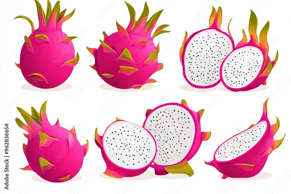 Isolated set of Pitaya. Collection of ripe dragon fruit or pitahaya, half and slice of fruit on white background. Isolated set of Pitaya. Collection of ripe dragon fruit or pitahaya, half and slice of fruit on white background.