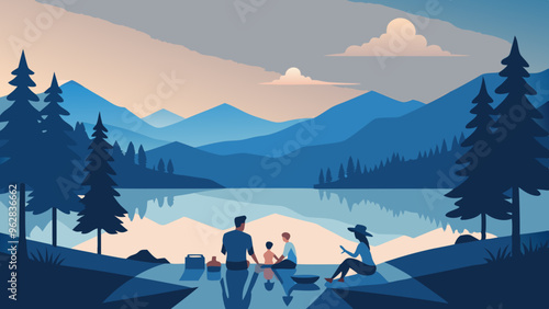 Family Enjoying Lakeside Camping at Dusk in Mountain Landscape