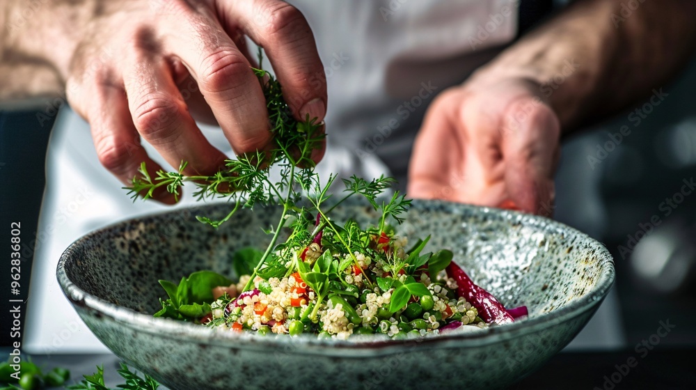 Chef Garnishing a Delicious Quinoa Salad with Fresh Herbs Chef Garnishing a Delicious Quinoa Salad with Fresh Herbs